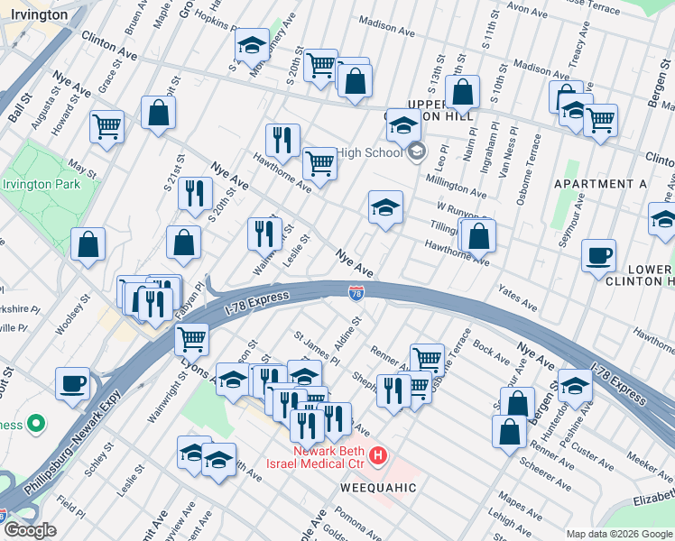 map of restaurants, bars, coffee shops, grocery stores, and more near 44 Dewey Street in Newark