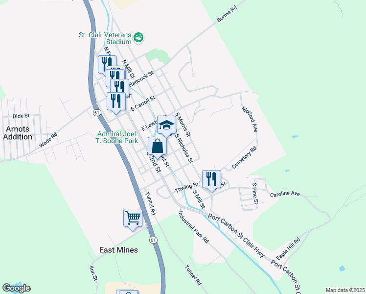 map of restaurants, bars, coffee shops, grocery stores, and more near 299 South Nicholas Street in Saint Clair
