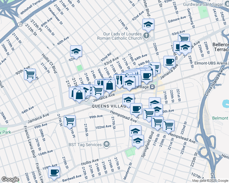 map of restaurants, bars, coffee shops, grocery stores, and more near 94-26 215th Street in Queens