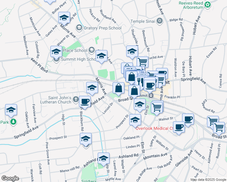 map of restaurants, bars, coffee shops, grocery stores, and more near 517 Springfield Avenue in Summit