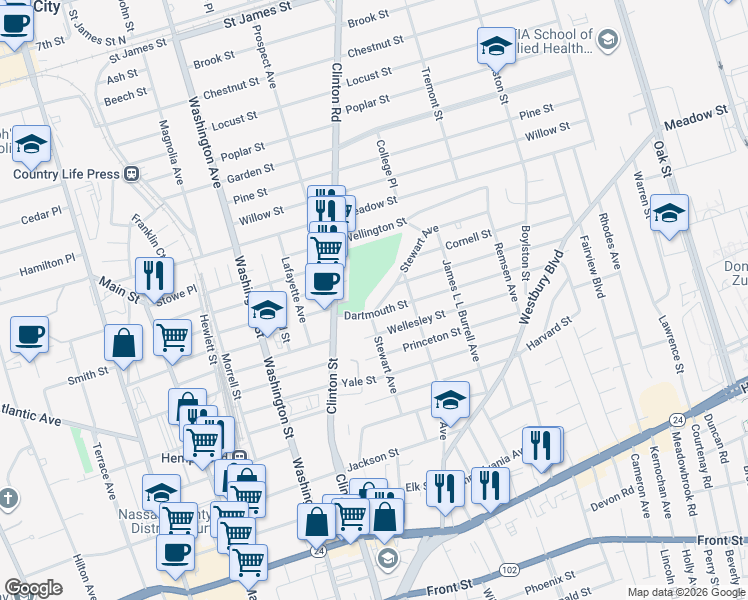 map of restaurants, bars, coffee shops, grocery stores, and more near 131 Stewart Avenue in Hempstead