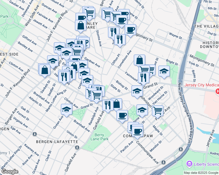 map of restaurants, bars, coffee shops, grocery stores, and more near in Jersey City