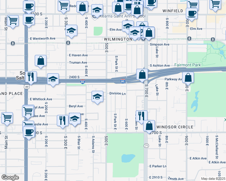 map of restaurants, bars, coffee shops, grocery stores, and more near 529 Division Lane in Salt Lake City