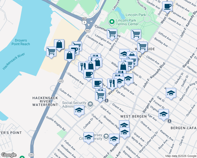 map of restaurants, bars, coffee shops, grocery stores, and more near 80 Clarke Avenue in Jersey City