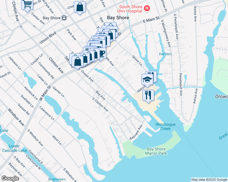 map of restaurants, bars, coffee shops, grocery stores, and more near 53 Ocean Avenue in Bay Shore