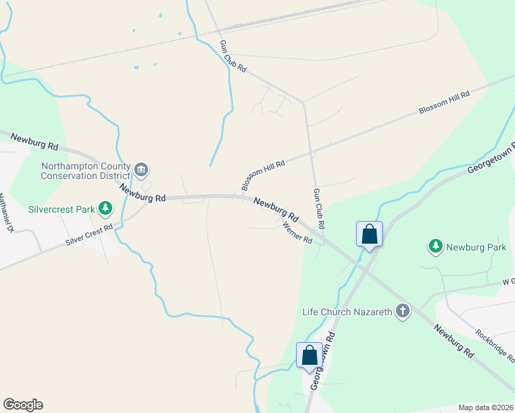 map of restaurants, bars, coffee shops, grocery stores, and more near 3055 Newburg Road in Nazareth