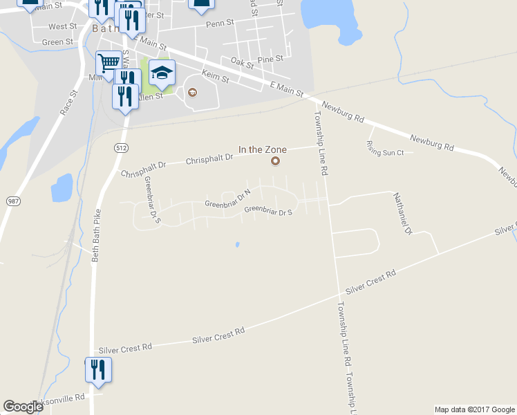 map of restaurants, bars, coffee shops, grocery stores, and more near 244 Greenbriar Drive South in Bath