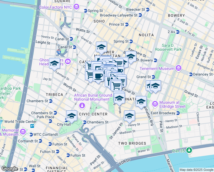 map of restaurants, bars, coffee shops, grocery stores, and more near 137 Centre Street in New York