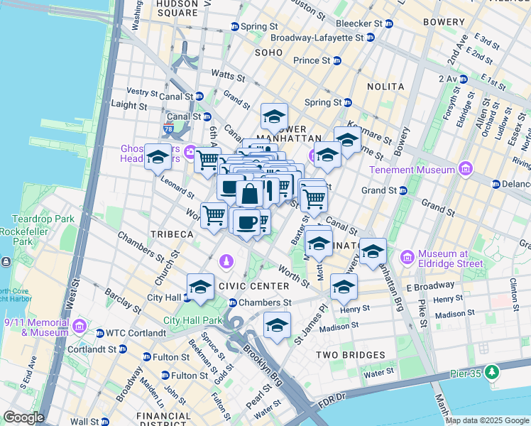 map of restaurants, bars, coffee shops, grocery stores, and more near 76 Lafayette Street in New York