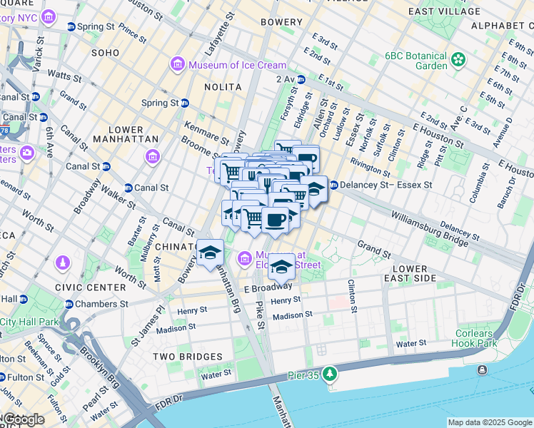 map of restaurants, bars, coffee shops, grocery stores, and more near 111 Eldridge Street in New York
