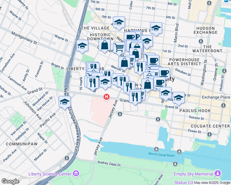 map of restaurants, bars, coffee shops, grocery stores, and more near 441 Jersey Avenue in Jersey City