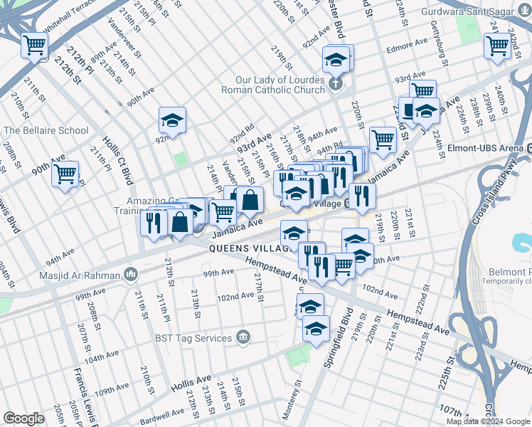 map of restaurants, bars, coffee shops, grocery stores, and more near 214-83 Jamaica Avenue in Queens