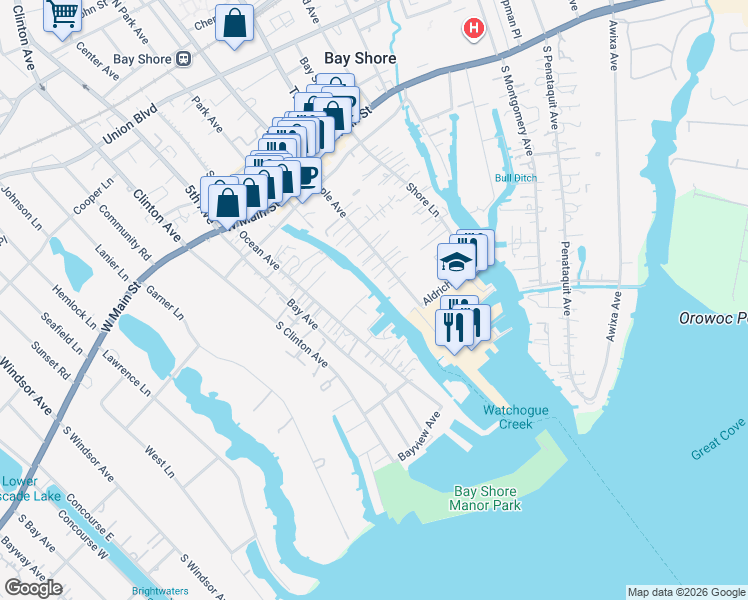 map of restaurants, bars, coffee shops, grocery stores, and more near 65 Ocean Avenue in Bay Shore