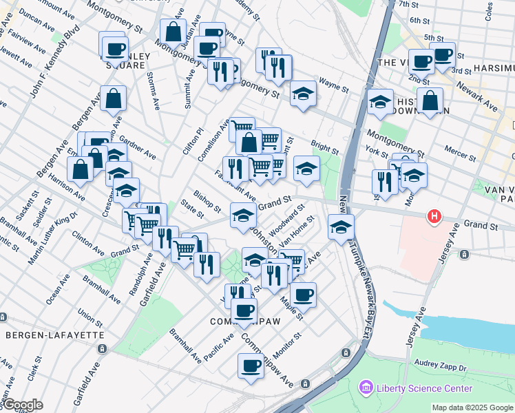 map of restaurants, bars, coffee shops, grocery stores, and more near in Jersey City