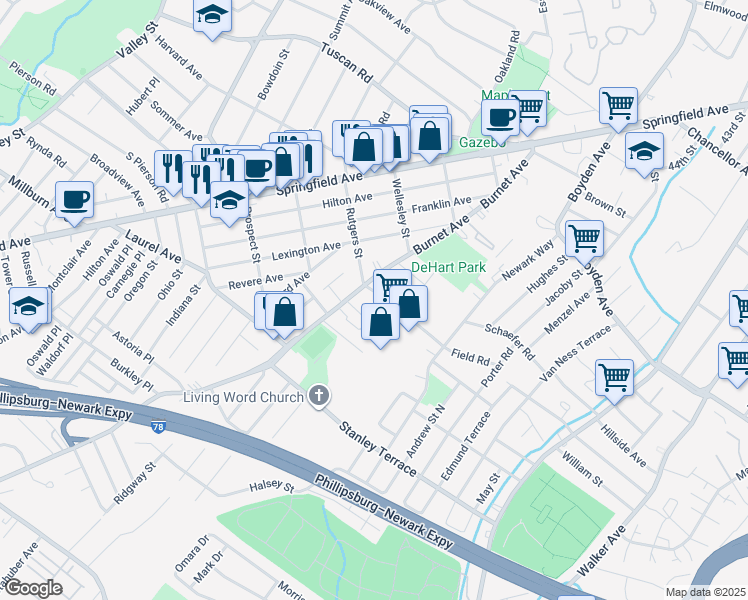 map of restaurants, bars, coffee shops, grocery stores, and more near 205 Rutgers Street in Maplewood