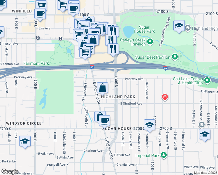 map of restaurants, bars, coffee shops, grocery stores, and more near 2486 Douglas Street in Salt Lake City