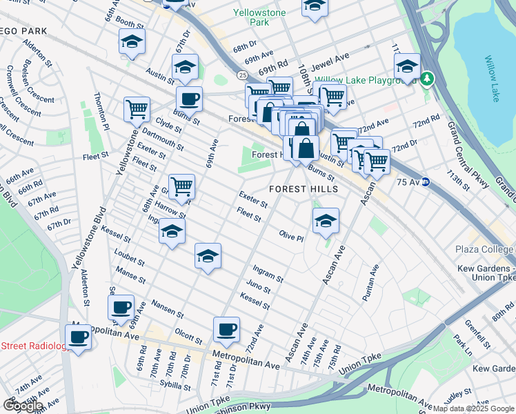 map of restaurants, bars, coffee shops, grocery stores, and more near 27 Exeter Street in Queens