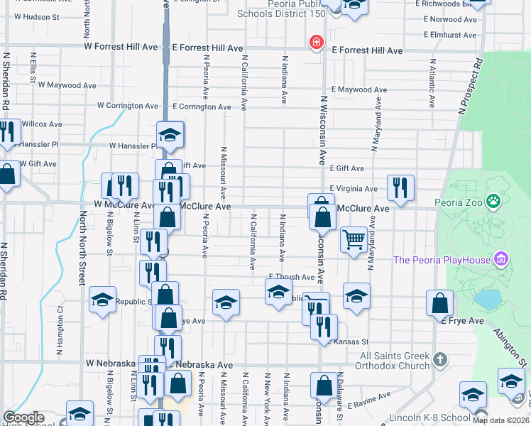 map of restaurants, bars, coffee shops, grocery stores, and more near 506 East McClure Avenue in Peoria