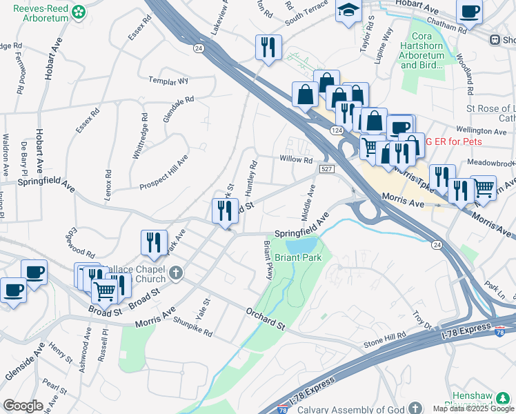 map of restaurants, bars, coffee shops, grocery stores, and more near 72 Broad Street in Summit