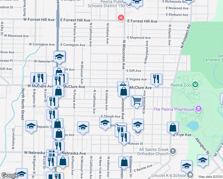 map of restaurants, bars, coffee shops, grocery stores, and more near 712 East McClure Avenue in Peoria