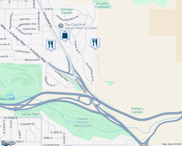 map of restaurants, bars, coffee shops, grocery stores, and more near 2470 Promontory Drive South in Salt Lake City