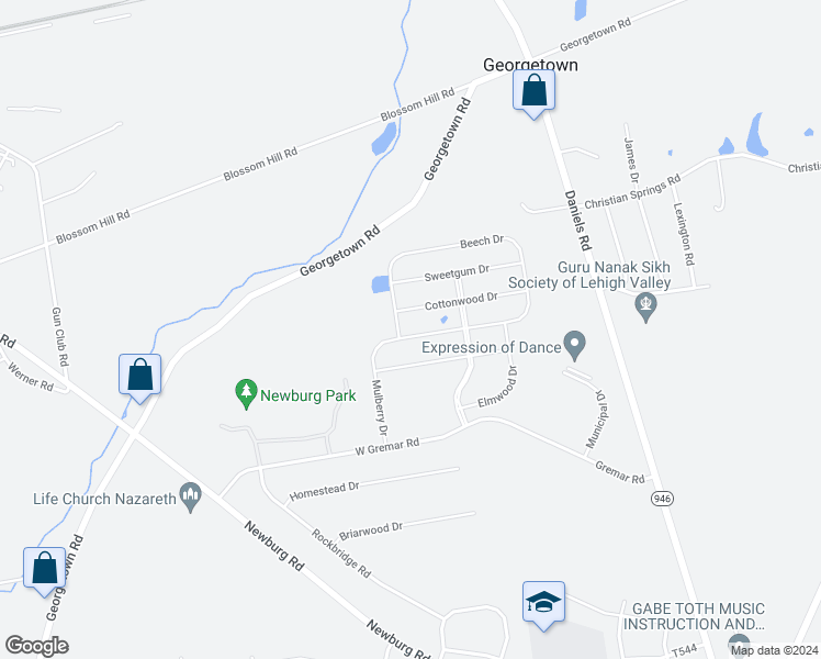 map of restaurants, bars, coffee shops, grocery stores, and more near 693 Mulberry Drive in Nazareth