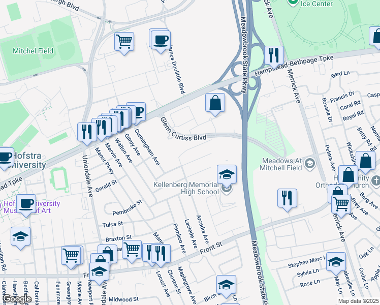 map of restaurants, bars, coffee shops, grocery stores, and more near 1294 Menard Street in Uniondale