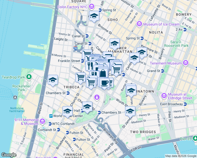 map of restaurants, bars, coffee shops, grocery stores, and more near 51-53 White Street in New York