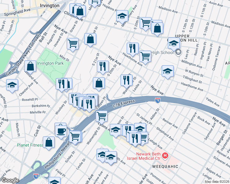 map of restaurants, bars, coffee shops, grocery stores, and more near in Newark