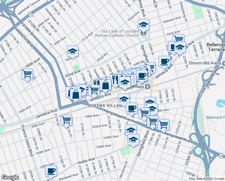 map of restaurants, bars, coffee shops, grocery stores, and more near 94-26 215th Street in Queens