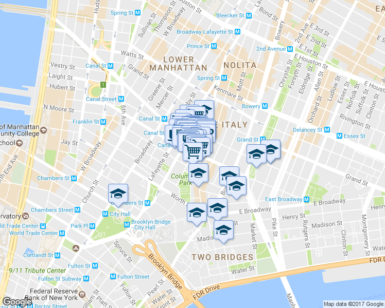 map of restaurants, bars, coffee shops, grocery stores, and more near Walker St & Baxter St in New York