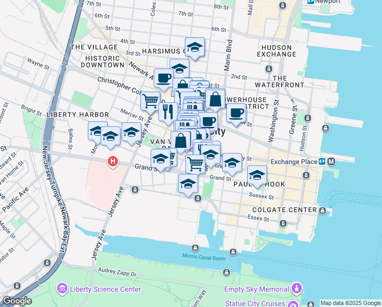 map of restaurants, bars, coffee shops, grocery stores, and more near 201 Montgomery Street in Jersey City
