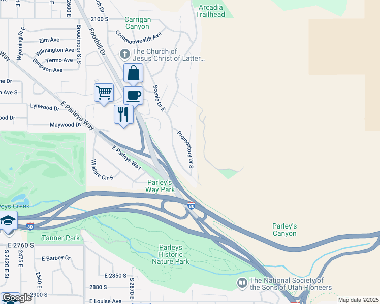 map of restaurants, bars, coffee shops, grocery stores, and more near Promontory Drive South in Salt Lake City