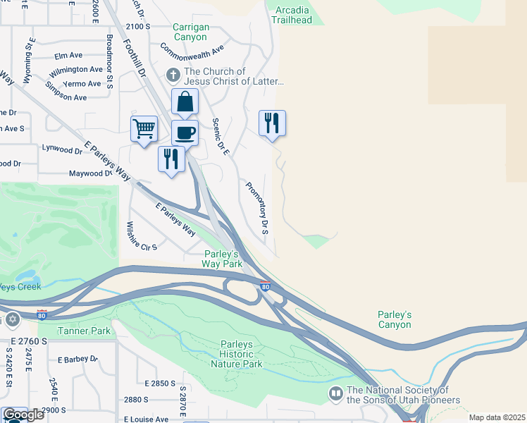 map of restaurants, bars, coffee shops, grocery stores, and more near Promontory Drive South in Salt Lake City