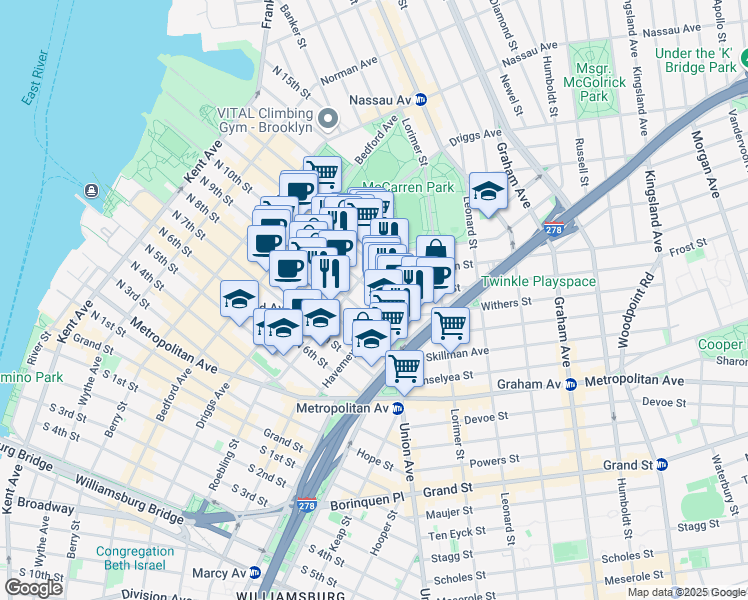map of restaurants, bars, coffee shops, grocery stores, and more near 250 North 10th Street in Brooklyn