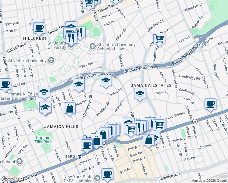 map of restaurants, bars, coffee shops, grocery stores, and more near 173-73 Croydon Road in Queens