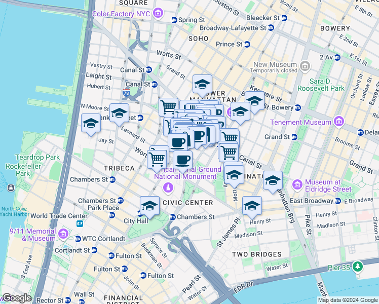 map of restaurants, bars, coffee shops, grocery stores, and more near 381 Broadway in New York