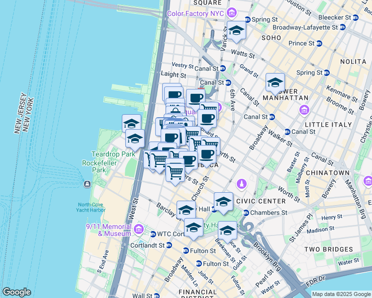 map of restaurants, bars, coffee shops, grocery stores, and more near 165 Duane Street in New York