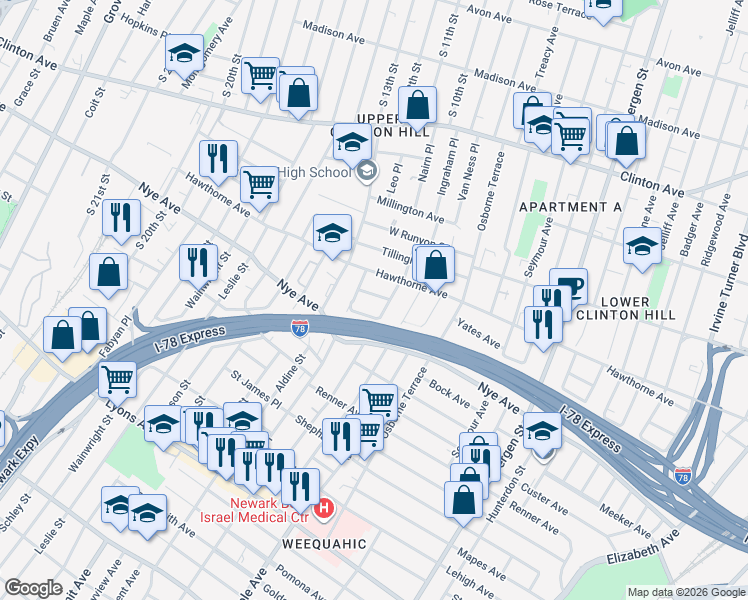 map of restaurants, bars, coffee shops, grocery stores, and more near 24 Patten Place in Newark