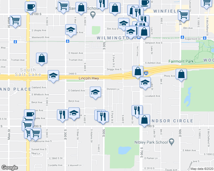 map of restaurants, bars, coffee shops, grocery stores, and more near 529 Division Lane in Salt Lake City