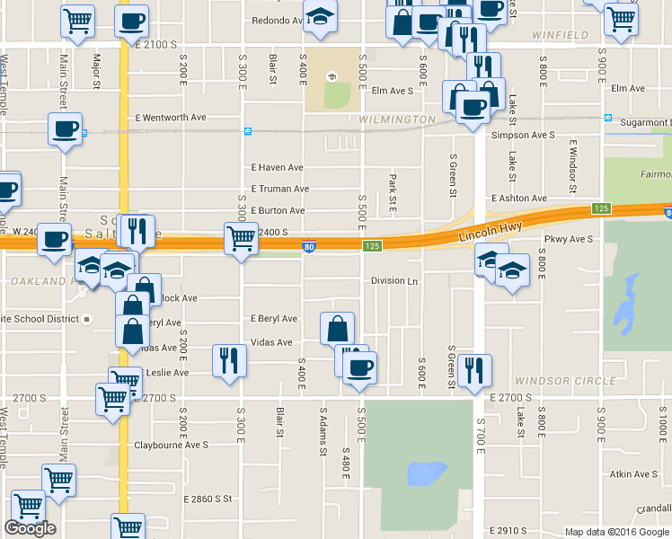 map of restaurants, bars, coffee shops, grocery stores, and more near 470 East Robert Avenue in South Salt Lake