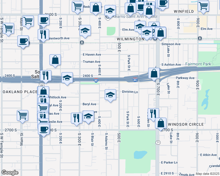 map of restaurants, bars, coffee shops, grocery stores, and more near 470 East Robert Avenue in South Salt Lake