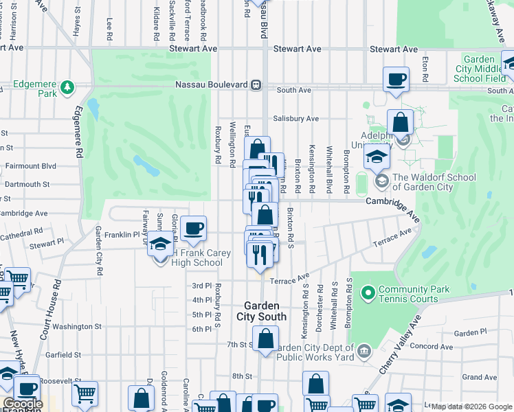 map of restaurants, bars, coffee shops, grocery stores, and more near 106 Cambridge Avenue in Garden City