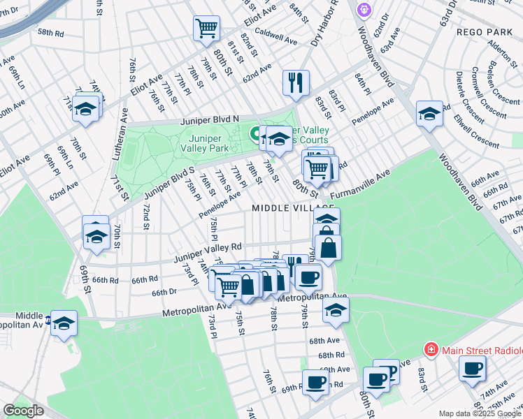 map of restaurants, bars, coffee shops, grocery stores, and more near 64-30 77th Place in Queens