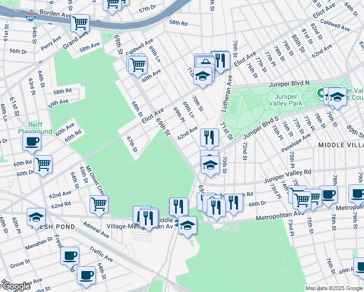map of restaurants, bars, coffee shops, grocery stores, and more near 69-19 62nd Road in Queens