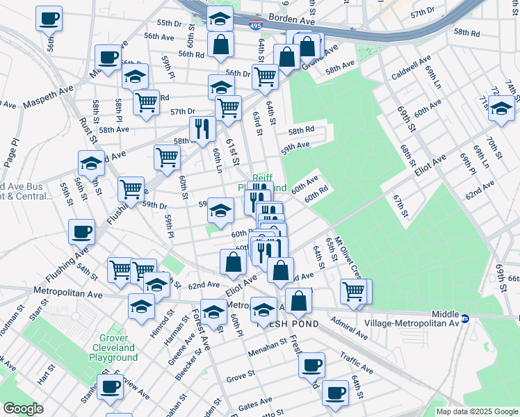 map of restaurants, bars, coffee shops, grocery stores, and more near 59-79 Fresh Pond Road in Queens