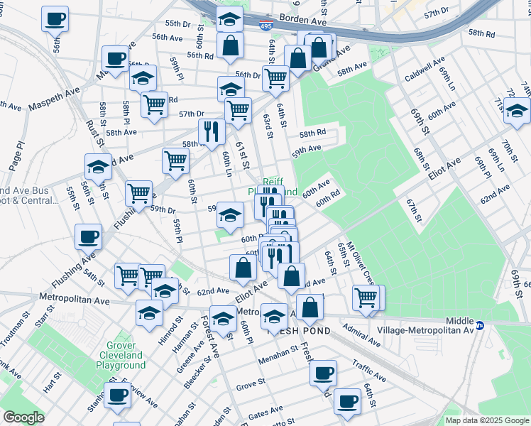 map of restaurants, bars, coffee shops, grocery stores, and more near 59-79 Fresh Pond Road in Queens