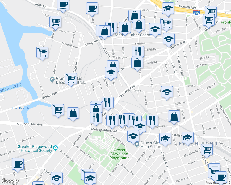 map of restaurants, bars, coffee shops, grocery stores, and more near 59-17 57th Street in Queens