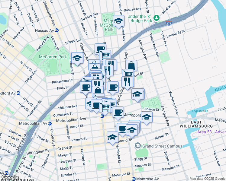 map of restaurants, bars, coffee shops, grocery stores, and more near 222 Withers Street in Brooklyn