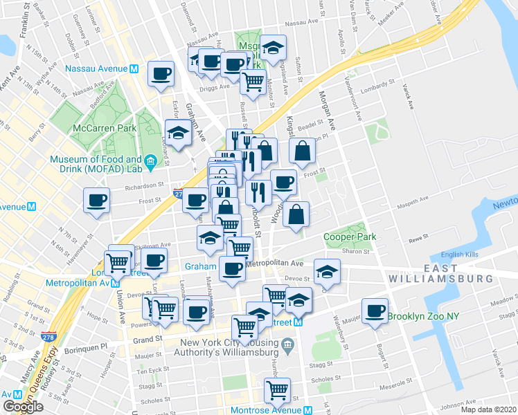 map of restaurants, bars, coffee shops, grocery stores, and more near 222 Withers Street in Brooklyn